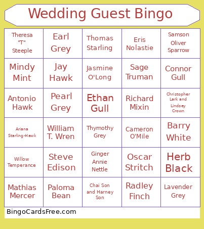Wedding Guest Bingo Card