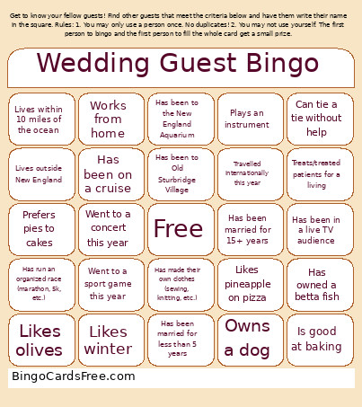 Wedding Guest Bingo Card