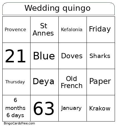 Wedding Quingo Bingo Card