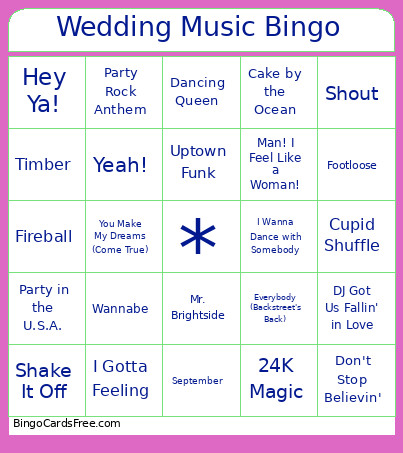 Wedding Recepetion Bingo Card