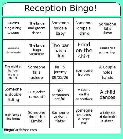 Wedding Reception Bingo Card