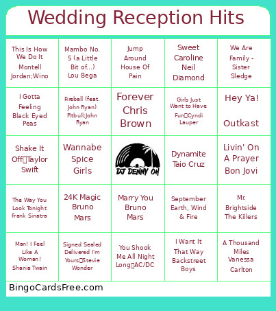Wedding Reception Hits Bingo Card
