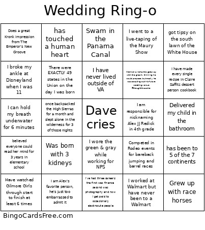 Wedding Ring-o Bingo Card