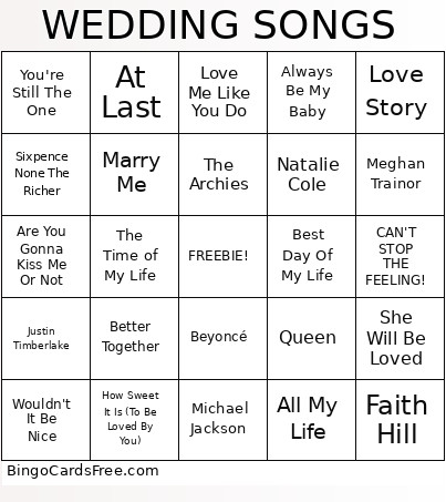 WEDDING SONGS Bingo Card