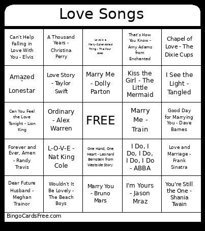 Wedding Songs Bingo Card