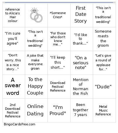 Wedding Speech Bingo Card