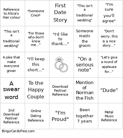 Wedding Speech Bingo Card