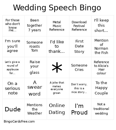 Wedding Speech Bingo Card