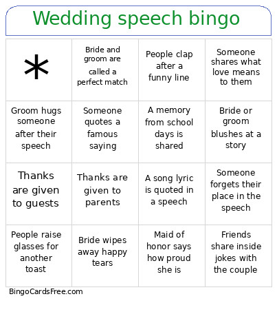 Wedding Speech Bingo Card