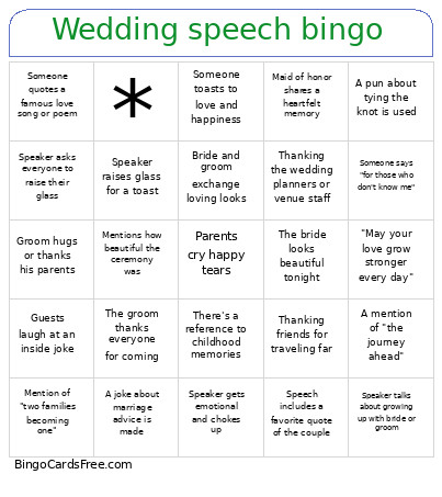 Wedding Speech Bingo Card