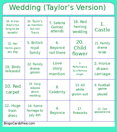 Wedding (Taylor’s Version) Bingo Card