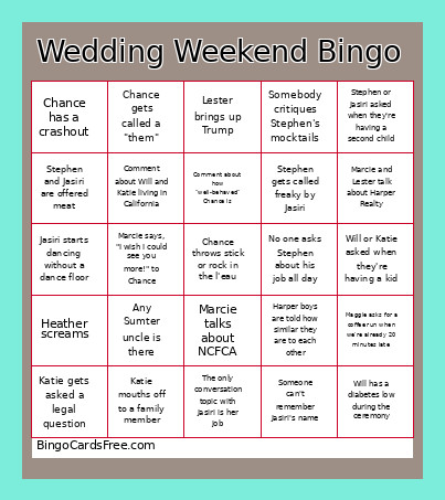 Wedding Weekend Bingo Card
