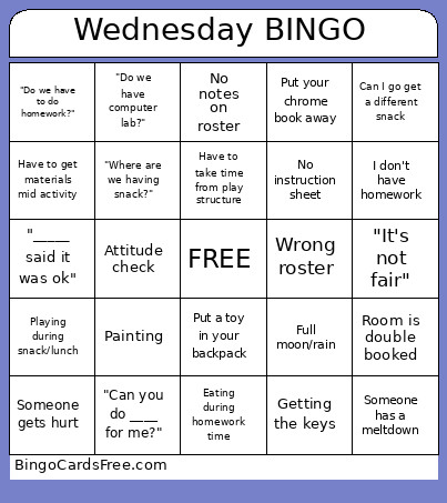 Wednesday Bingo Card