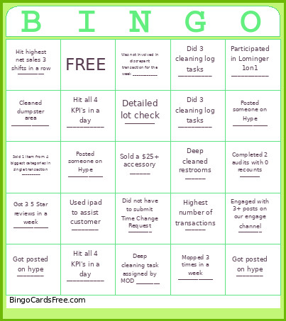 Week Long Bingo Card