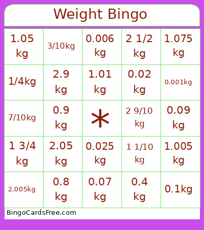 Weight Bingo Card