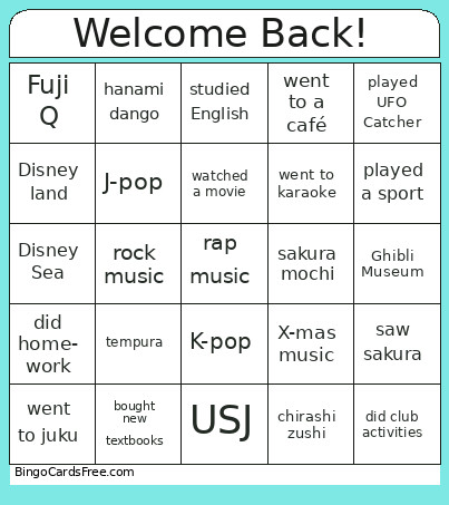 Welcome Back! Bingo Card