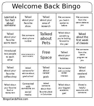 Welcome Back Event Bingo Card
