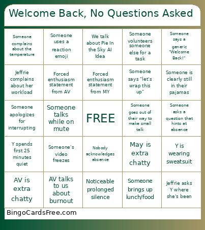 Welcome Back, No Questions Asked Bingo