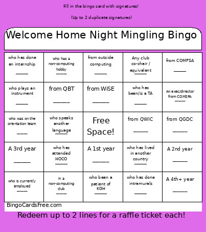 Welcome Home Night Mingling Bingo Card