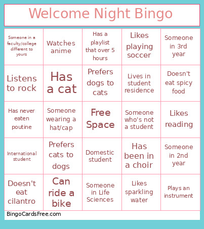 Welcome Night Bingo Card