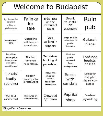 Welcome To Budapest Bingo Card