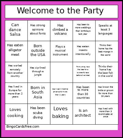 Welcome To The Party Bingo Card