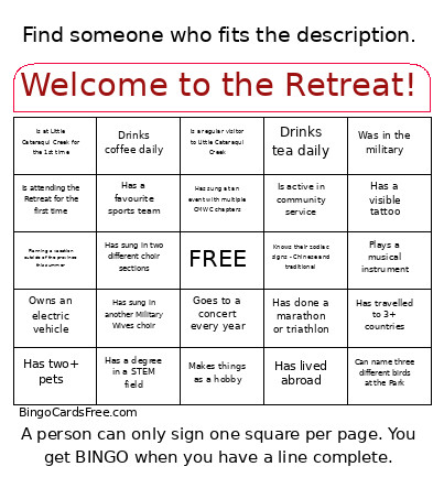 Welcome To The Retreat! Bingo Card