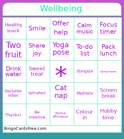 Wellbeing Bingo Card