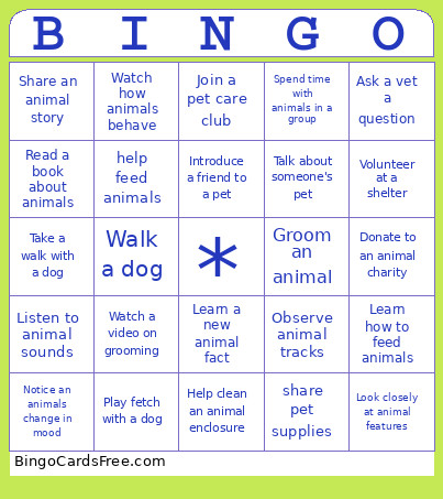 Wellbeing Animal Care Bingo Card