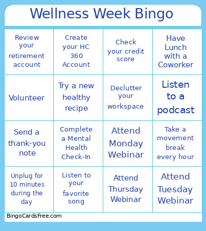 Wellness Week Bingo Card