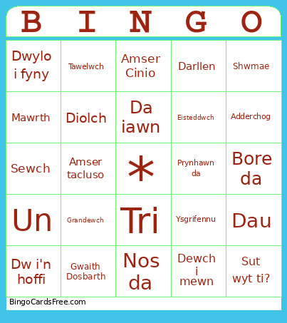 Welsh Bingo Card