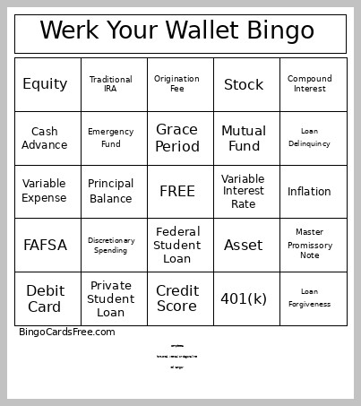 Werk Your Wallet Bingo Card