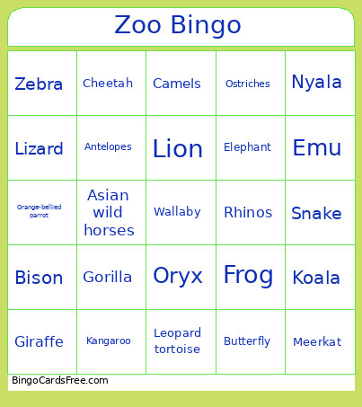 Werribee Zoo Bingo Card