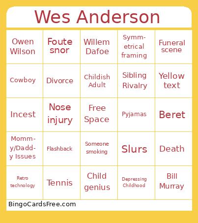 Wes Anderson Bingo Cards Free Pdf Printable Game, Title: Wes Anderson