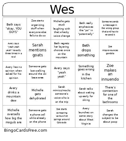 Wes Steamboat Bingo Card