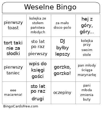 Wesele Bingo Cards Free Pdf Printable Game, Title: Weselne Bingo
