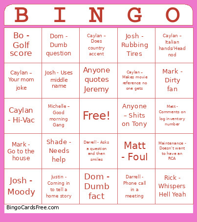West Fraser Bingo Card