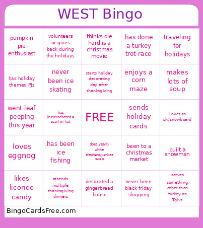 WEST Holiday Bingo Card