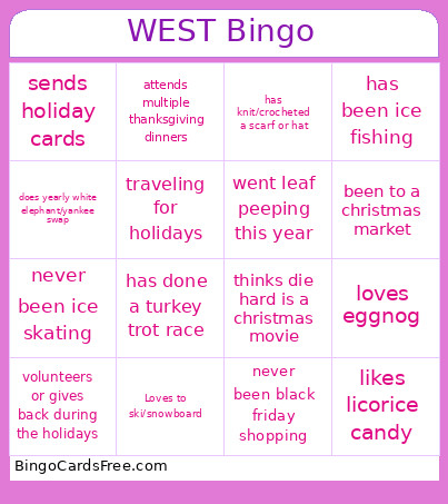 WEST Worksgiving Bingo Card