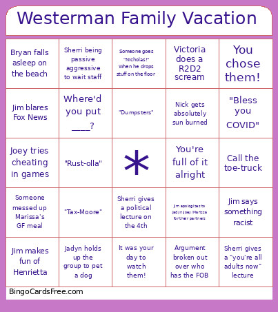 Westerman Family Vacation Bingo Card