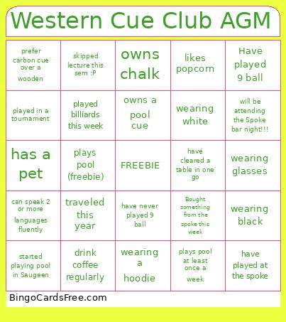 Western Cue Club AGM Bingo Card