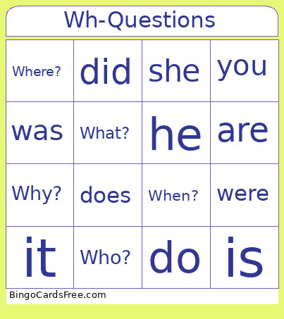 Wh-Questions Bingo Card