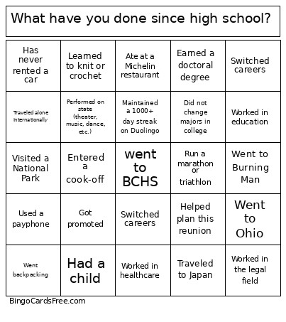 What Have You Done Since High School? Bingo Card