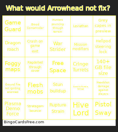 What Would Arrowhead Not Fix? Bingo Card