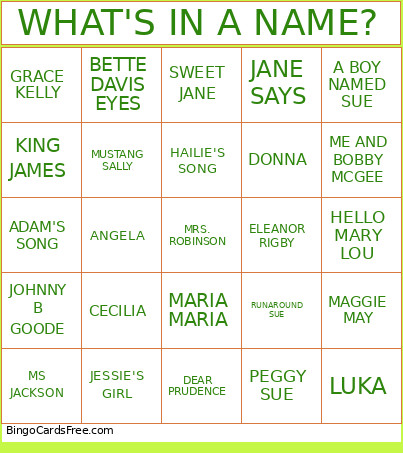 What's In A Name? Bingo Card