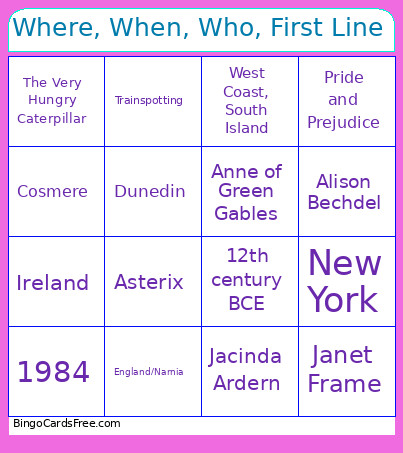 Where, When, Who, First Line Bingo Card