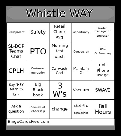 Whistle Way Bingo Card