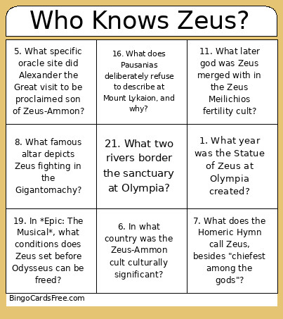 Who Knows Zeus? Bingo Card