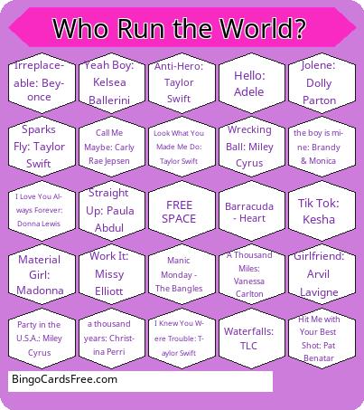 Who Run the World Bingo Cards Free Pdf Printable Game, Title: Who Run the World?