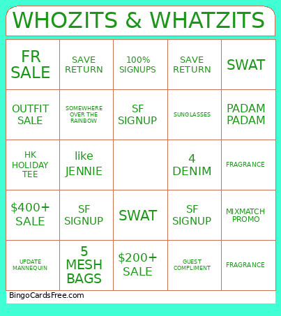 WHOZITS And WHATZITS Bingo Card
